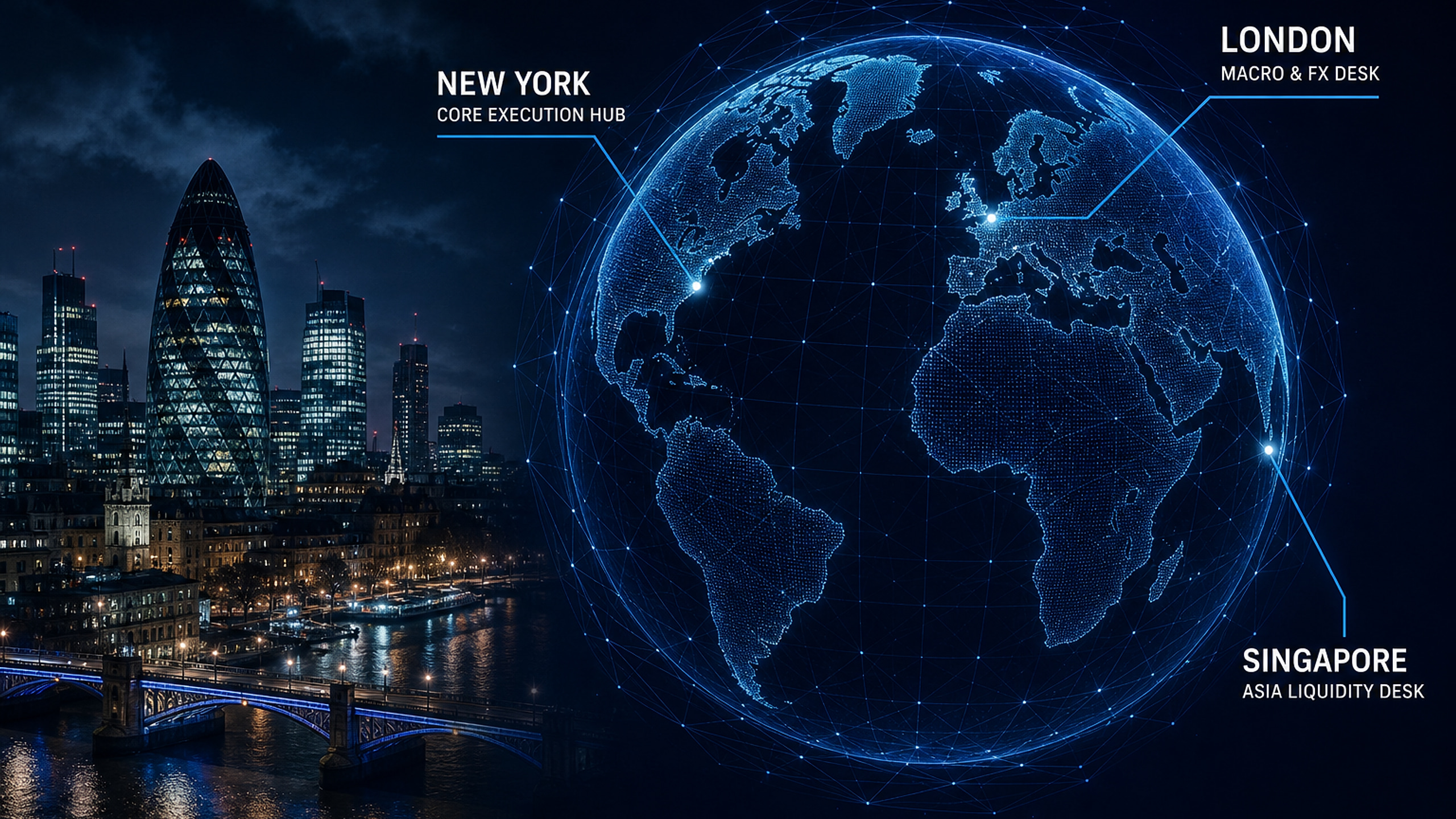 Global trading network across New York, London, and Singapore